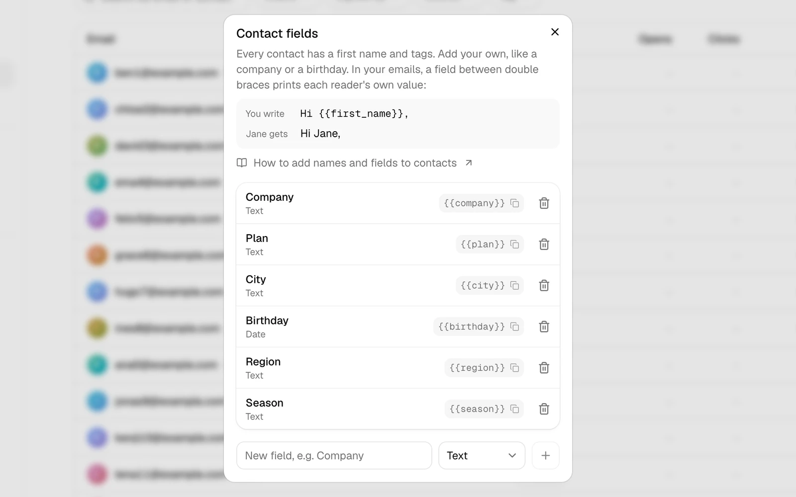 The Contact fields dialog: how a field prints each reader's own value, then six fields with their tags to copy, and a new field's name and type.