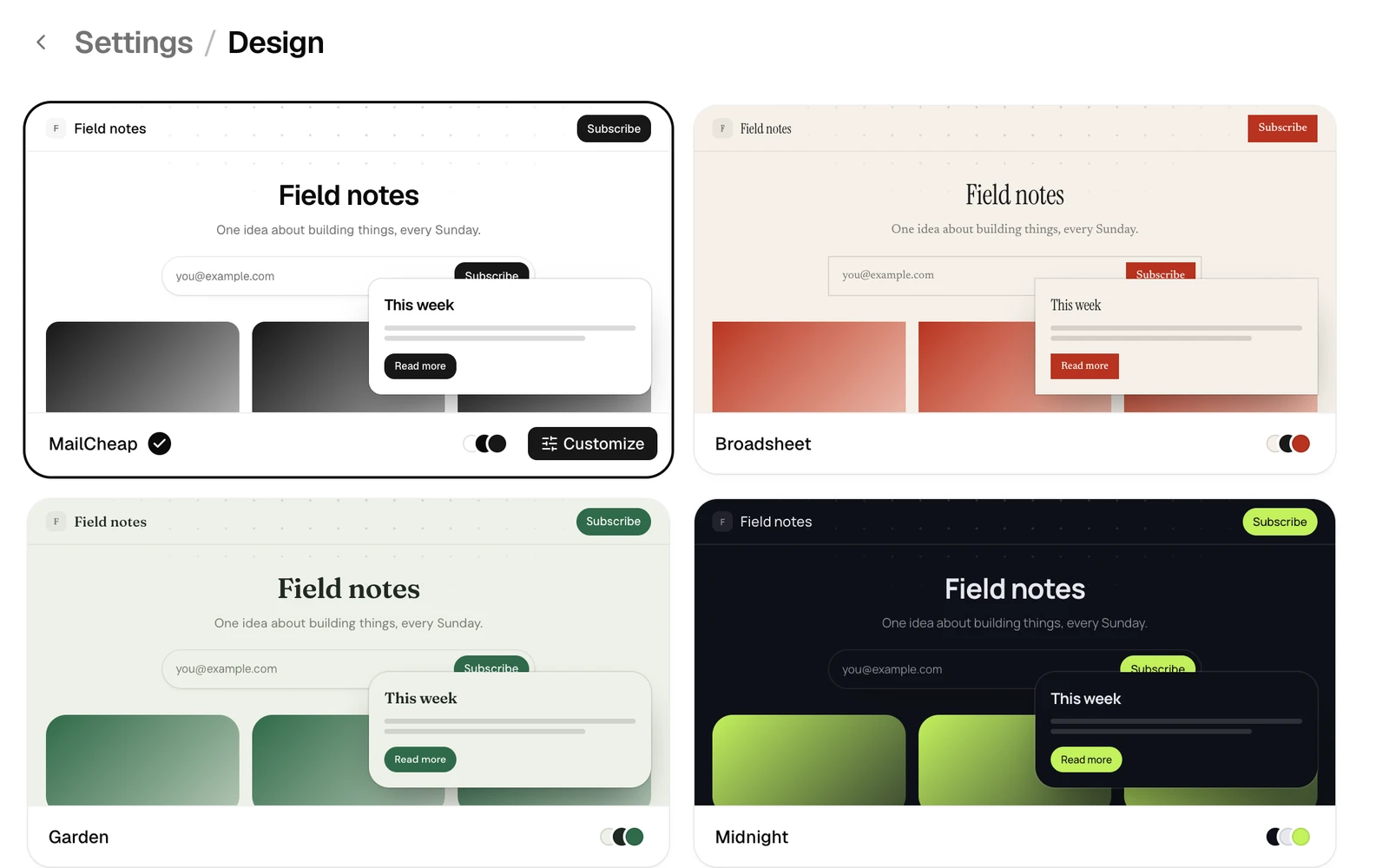 The Design page's themes, each showing the newsletter's website and an email in it, with MailCheap in use.