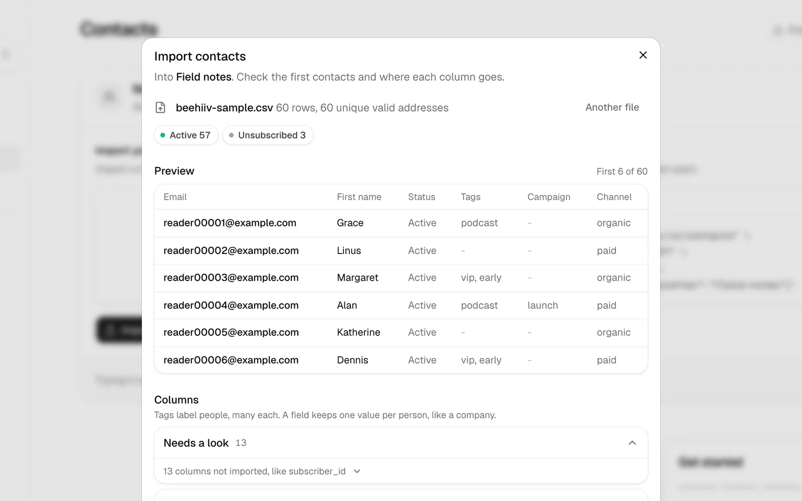 The import dialog: a beehiiv file's first contacts as they'll be in the list, then its columns.