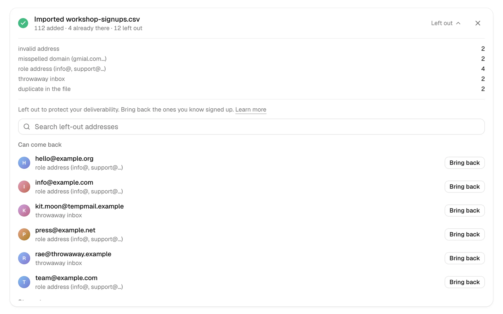 An import's Left out on the Contacts page: the count for each reason, then role addresses and throwaway inboxes, each with Bring back.