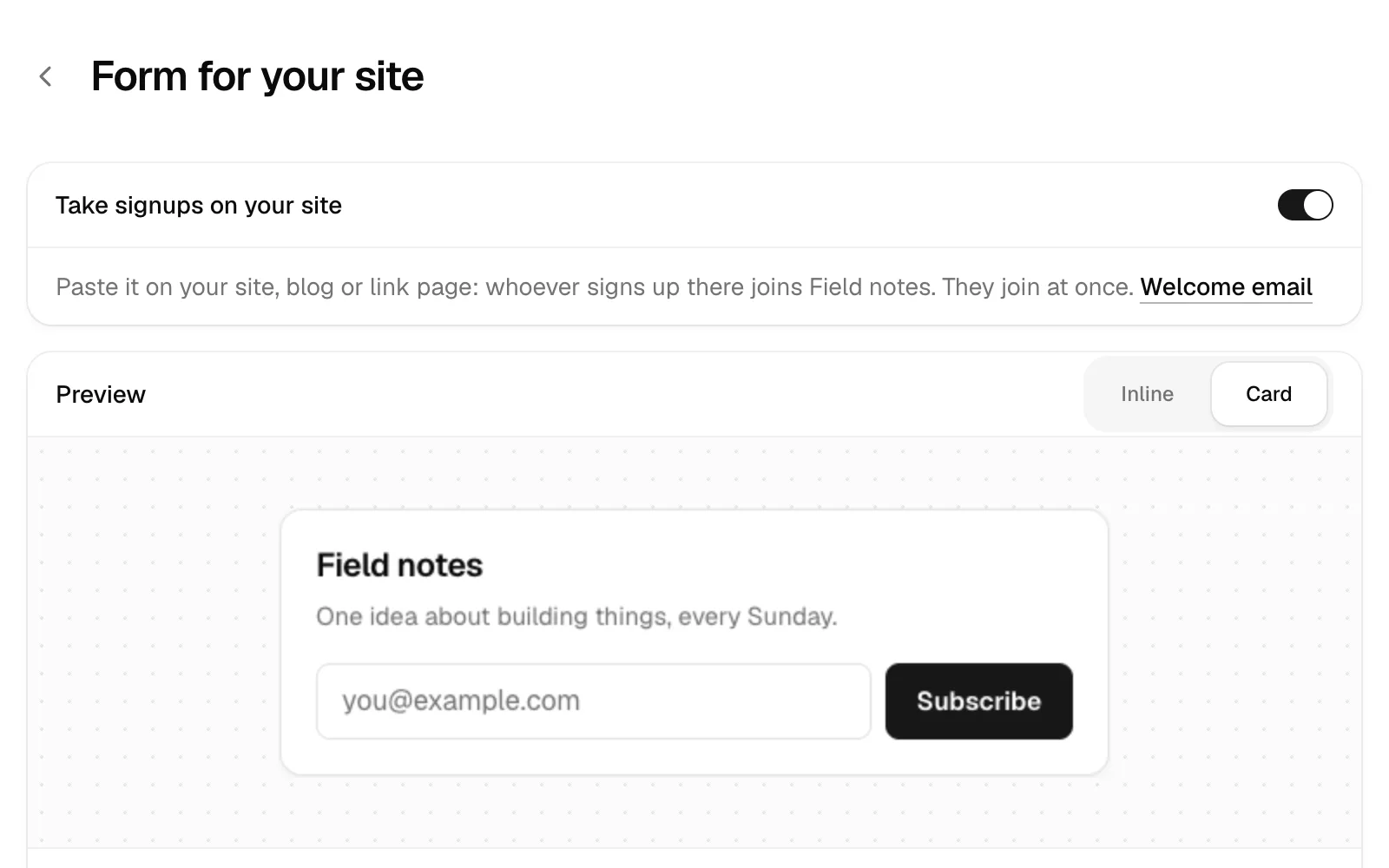 The Form for your site page with its switch on, and the signup form previewed as a card.