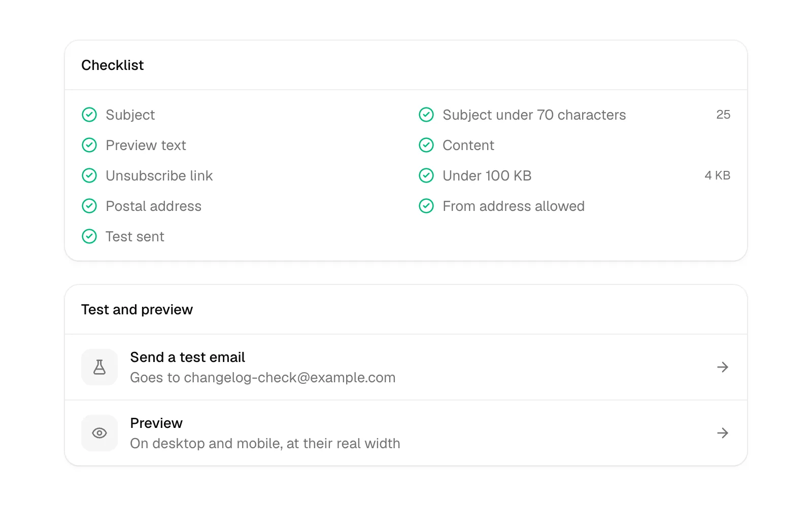 The review step's checklist, every check passed, then sending a test email and the preview.