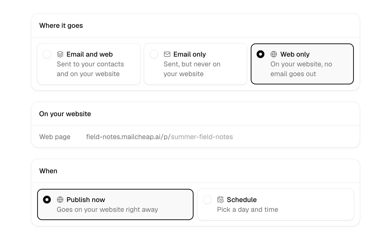 The send step's Where it goes card, with Email and web, Email only and Web only.