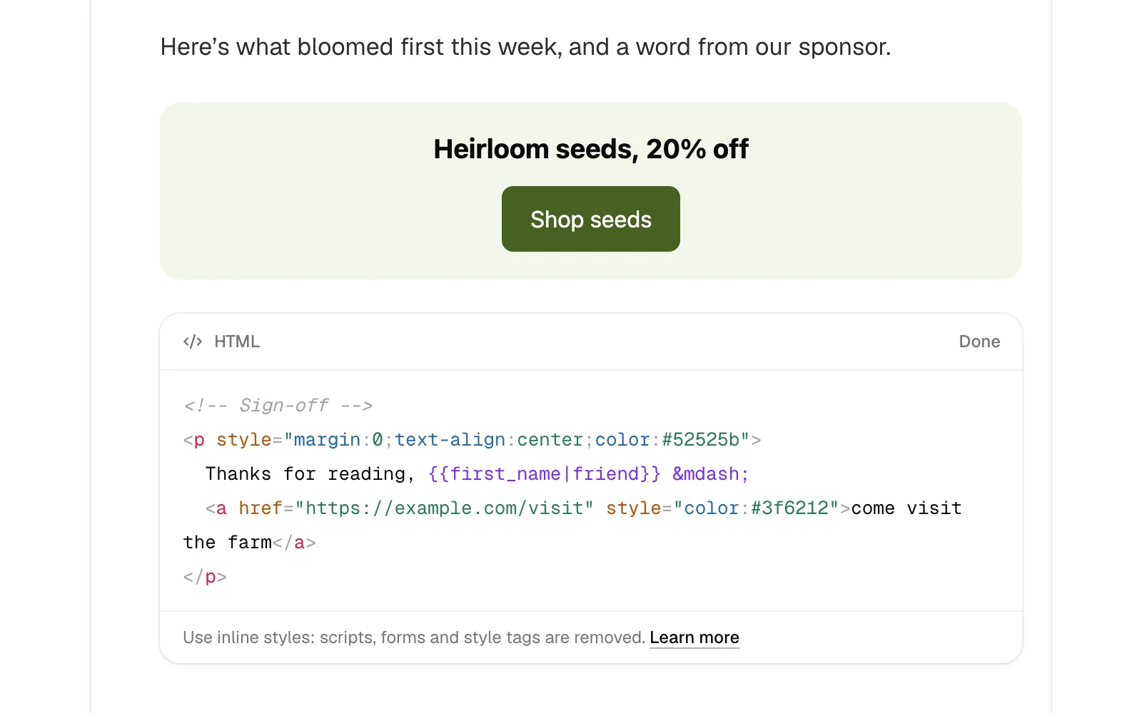 Two HTML blocks in the editor: a sponsor's card as readers get it, and a sign-off open with its code in color.