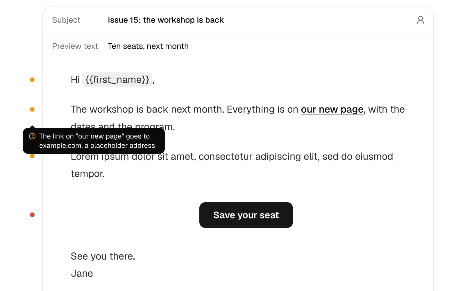 A draft with amber and red dots beside its blocks, one saying its link goes to example.com, a placeholder address.