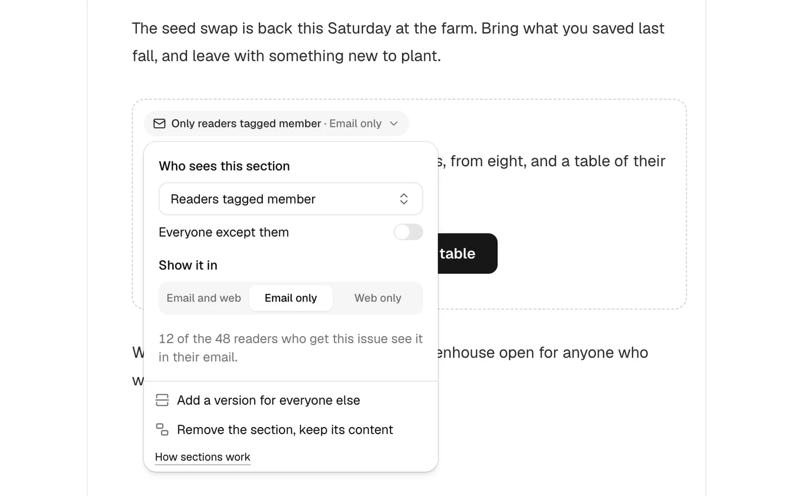 A section in the editor with its settings open: only readers tagged member, in emails only, which 12 of the issue's 48 readers see.