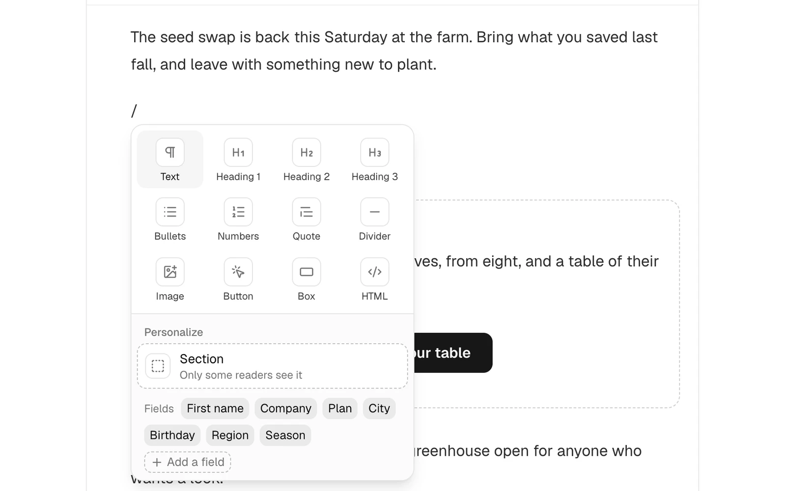 The slash menu under a paragraph: text, three headings, bullets, numbers, a quote, a divider, an image, a button, a box and HTML, then a section and the contact fields, with Add a field.